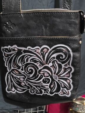 Patricia Nash Black Leather Messenger Bag with White Floral Tooled Design